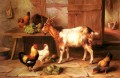 コテージ内部の家禽家畜小屋で餌をやるヤギと鶏 エドガー・ハント
